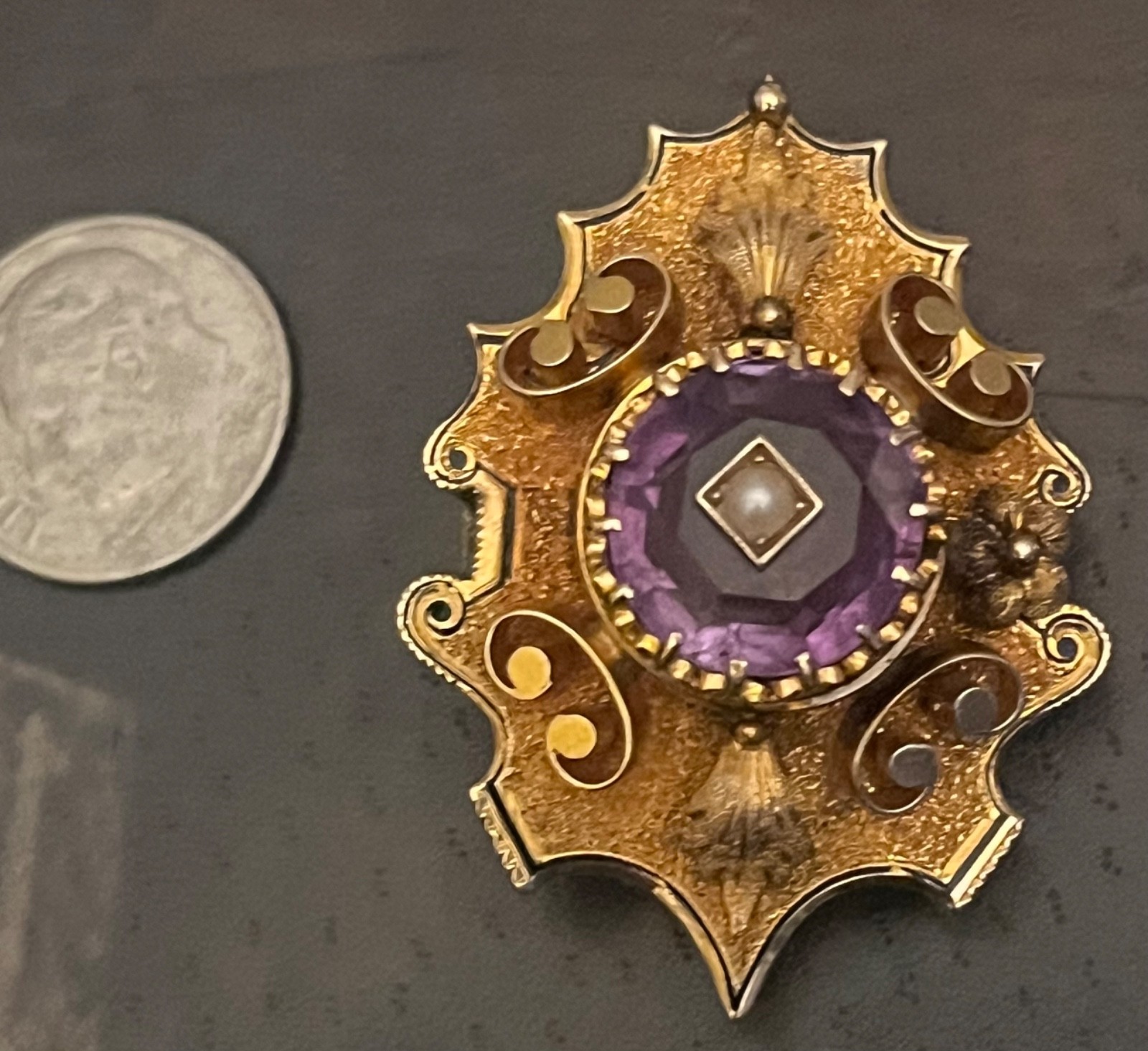 Antique Victorian Amethyst and Seeded Pearl Brooch 1870