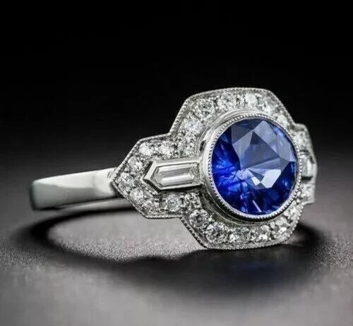 2.50Ct Round Blue Sapphire & Lab-Created Diamond Art Deco Style Ring 925 Silver