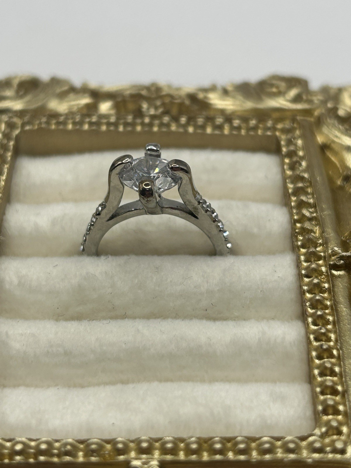 Vintage Silver Tone Solitaire CZ Ring Size 6 Raised Prong Setting Costume