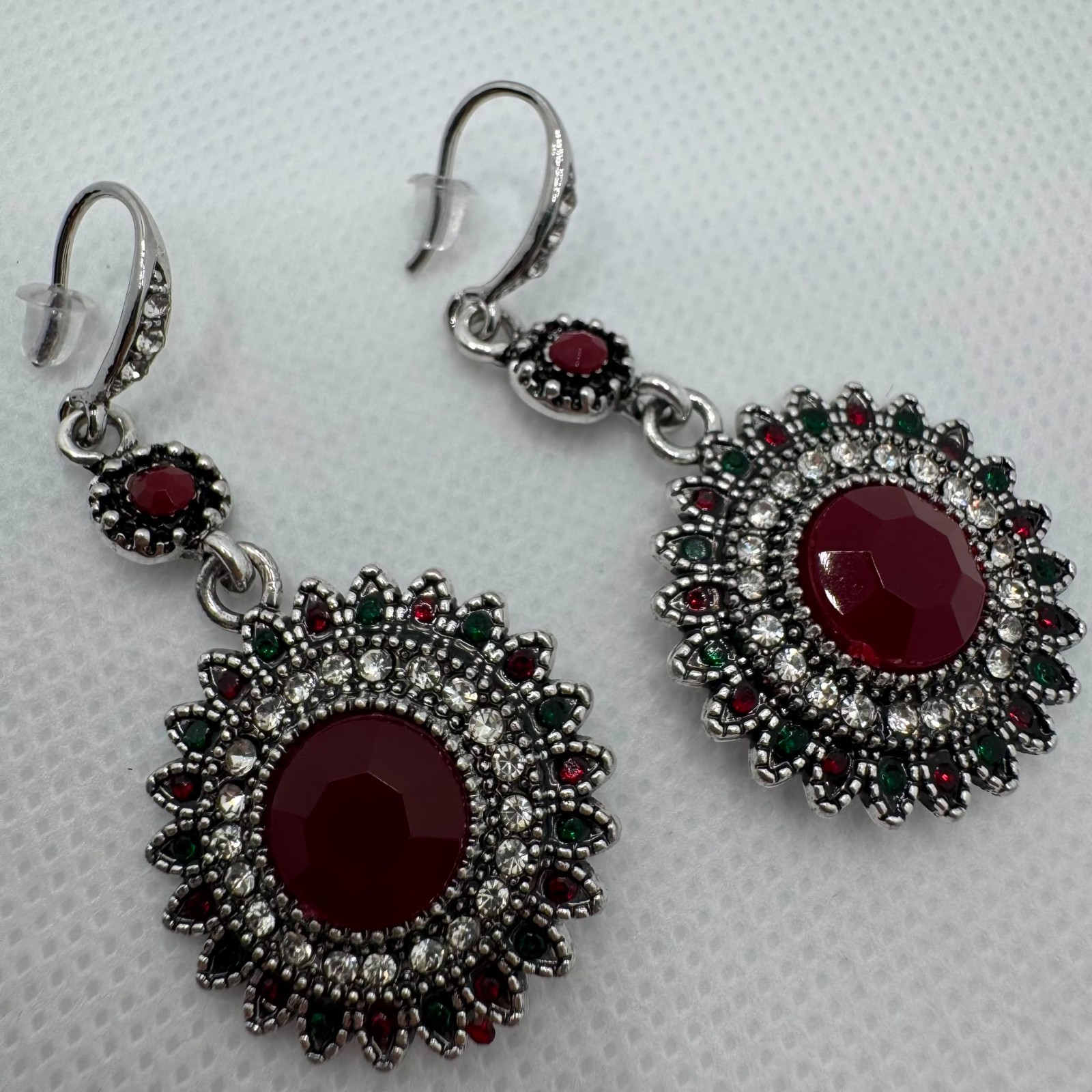 Vintage Ottoman Style Red Crystal Dangle Earrings Silver Tone Victorian Statemen
