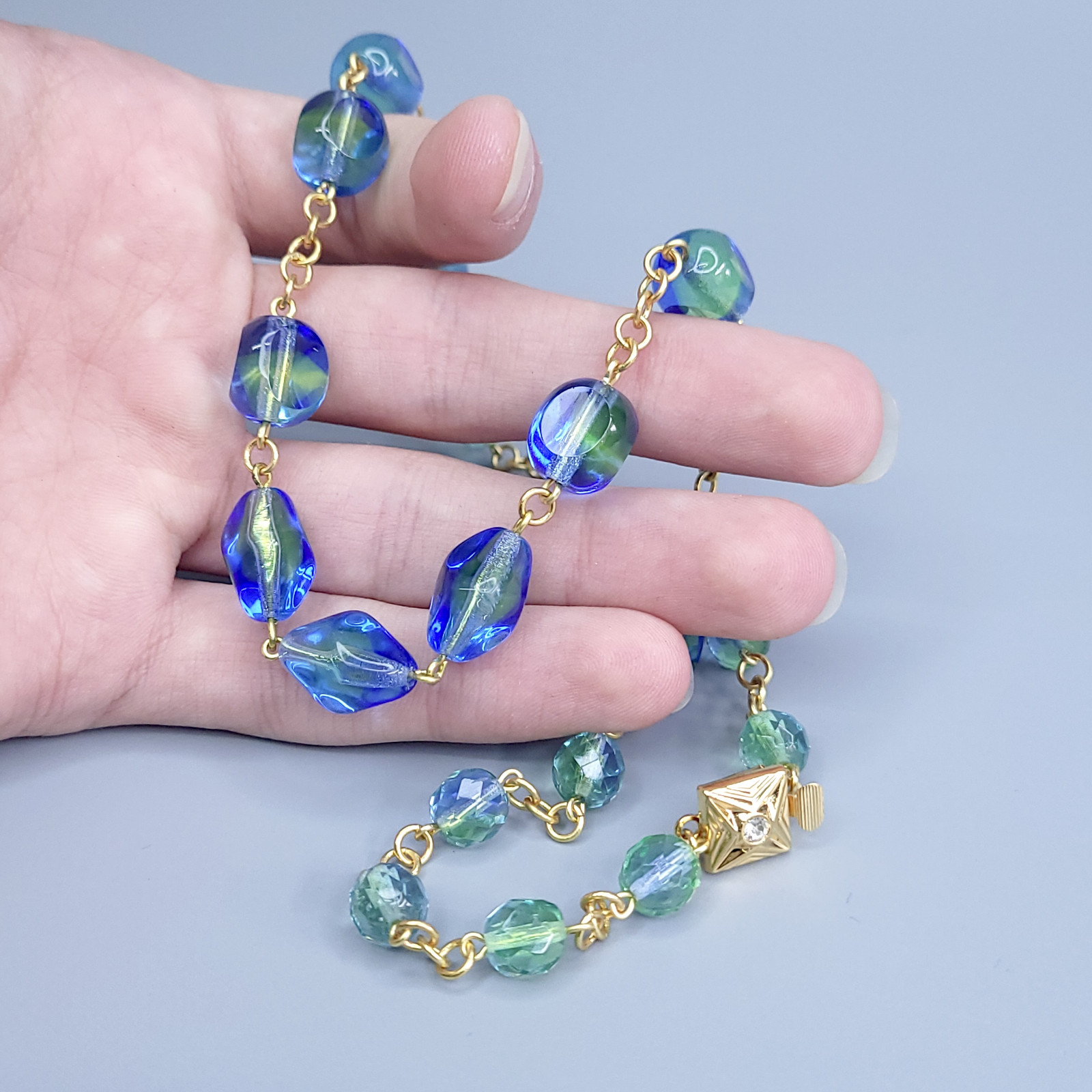 Uranium Necklace 18” Vaseline Blue Glass Czech Vintage Beads Women`s Jewelry
