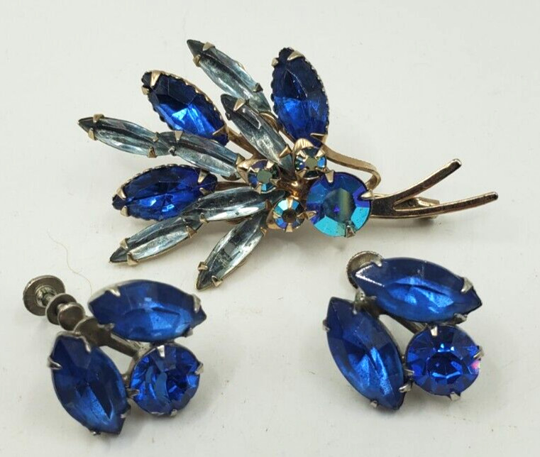 Vintage BLUE CRYSTALS RHINESTONE Spray BROOCH PIN W SCREW BACK EARRINGS
