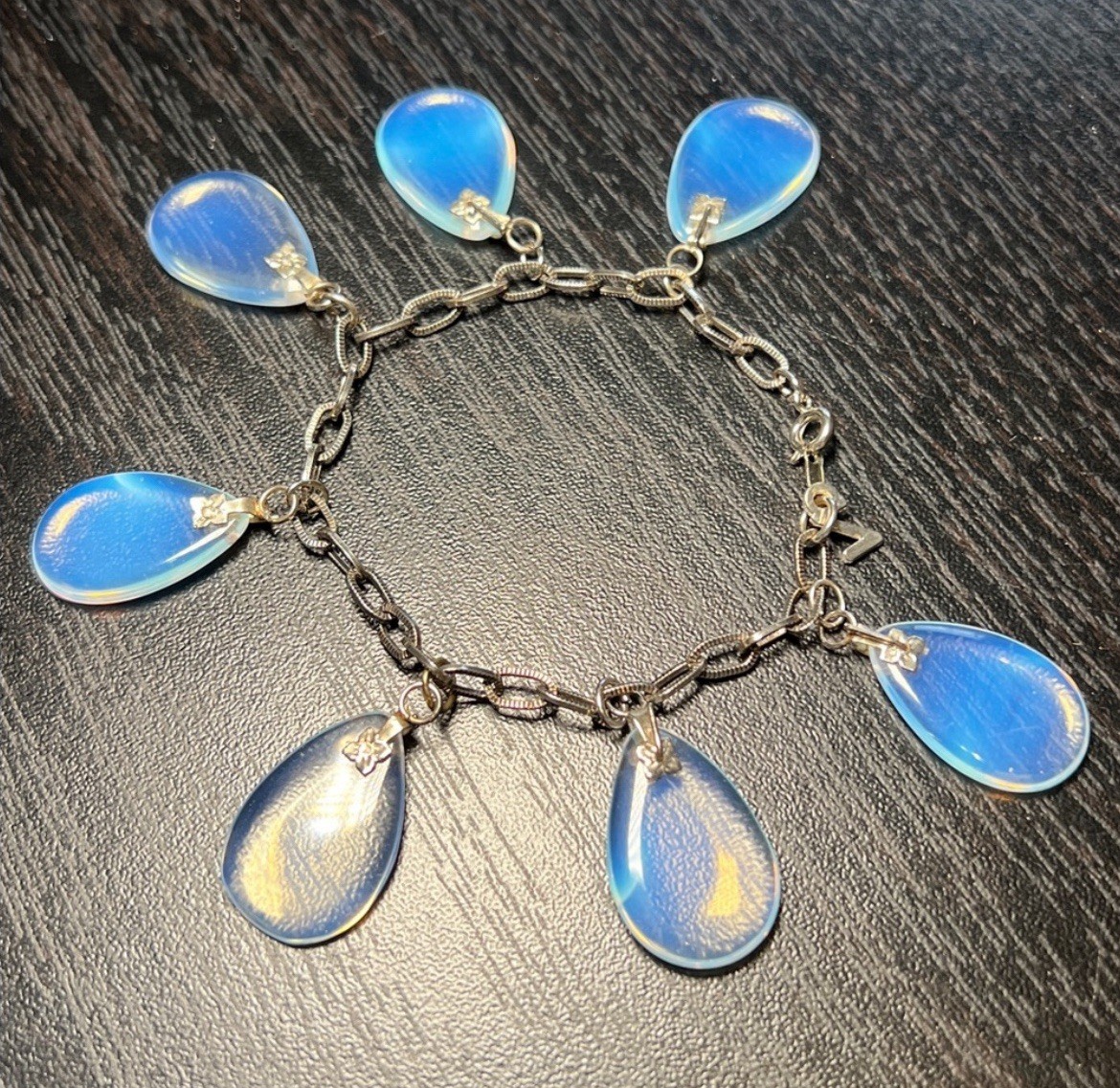 Unique Vintage French Opalescent Opaline Glass Teardrop Cha Cha Charm Bracelet
