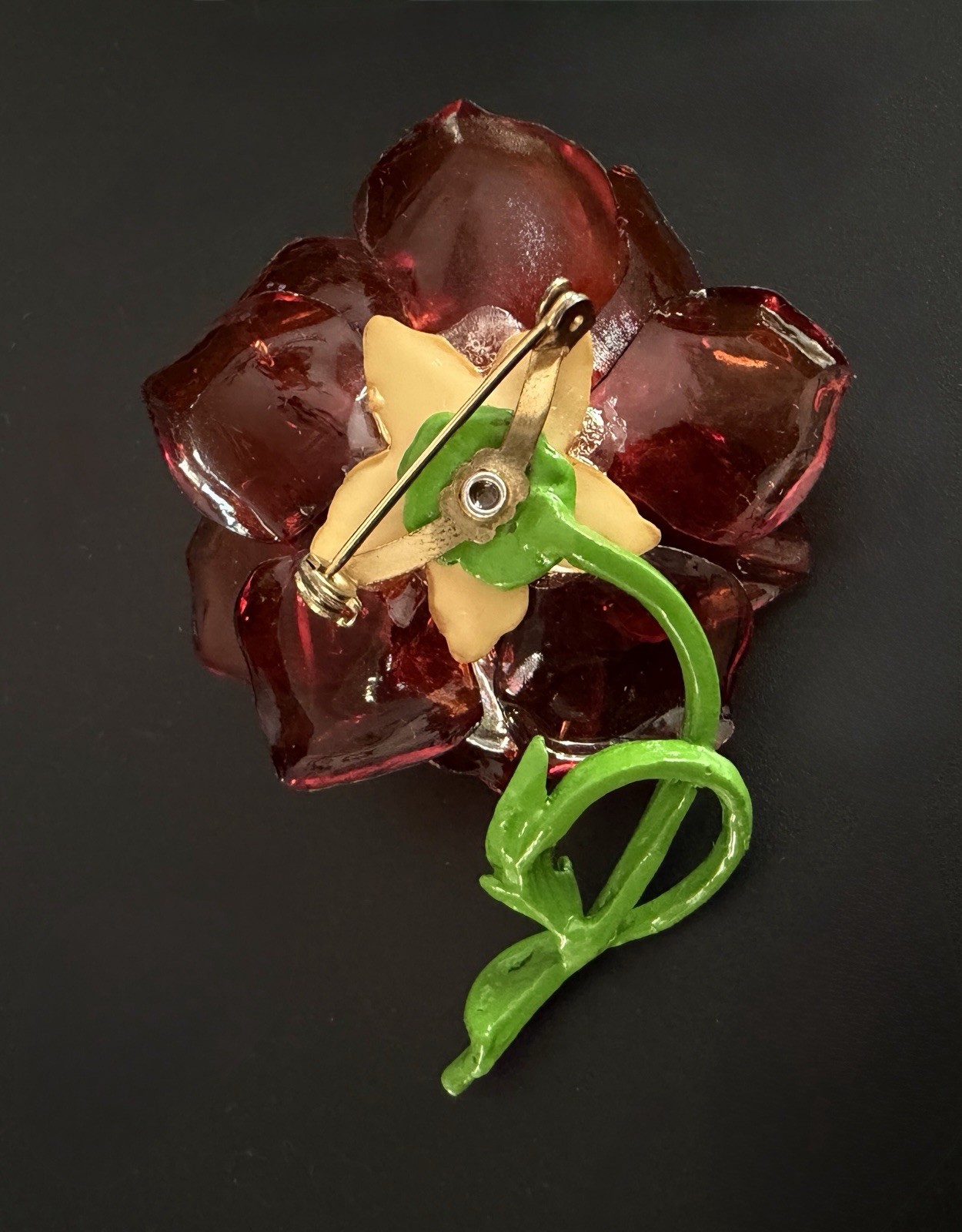Vtg Coral Cellulose Acetate Rose Flower Brooch Enamel Green Stem 3D Translucent