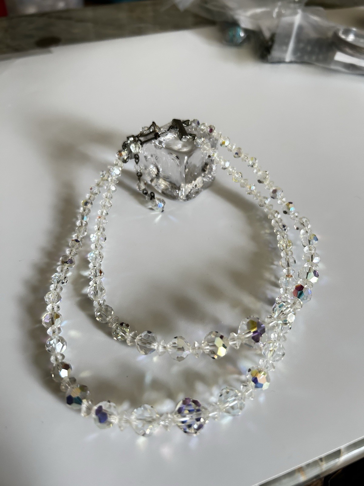Vintage/Estate Aurora Borealis Crystal Double Stand Necklace