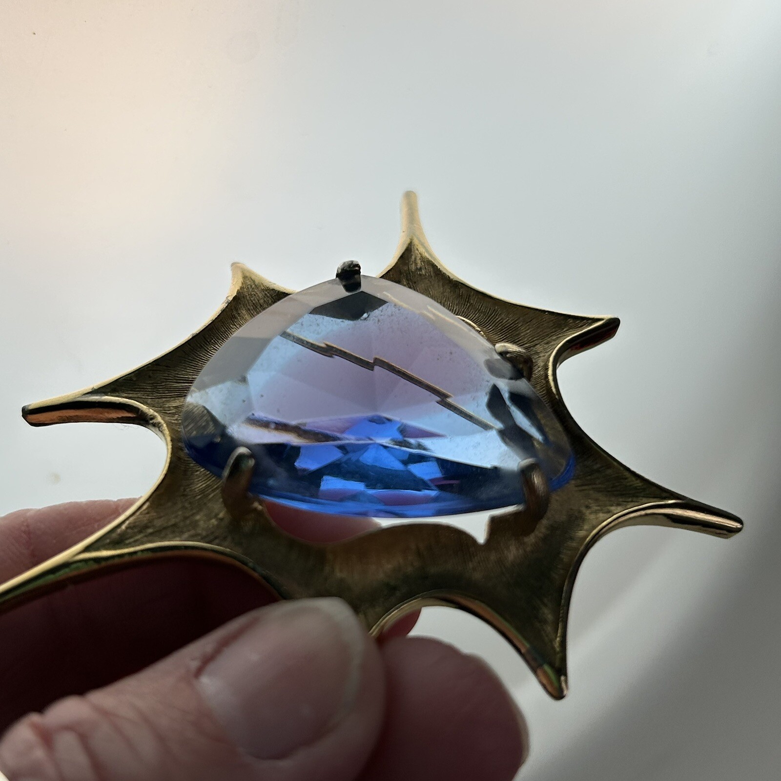 Atomic Blast Brooch Pin Signed BSK Gold Tone Blue Stone Starburst Vintage MCM