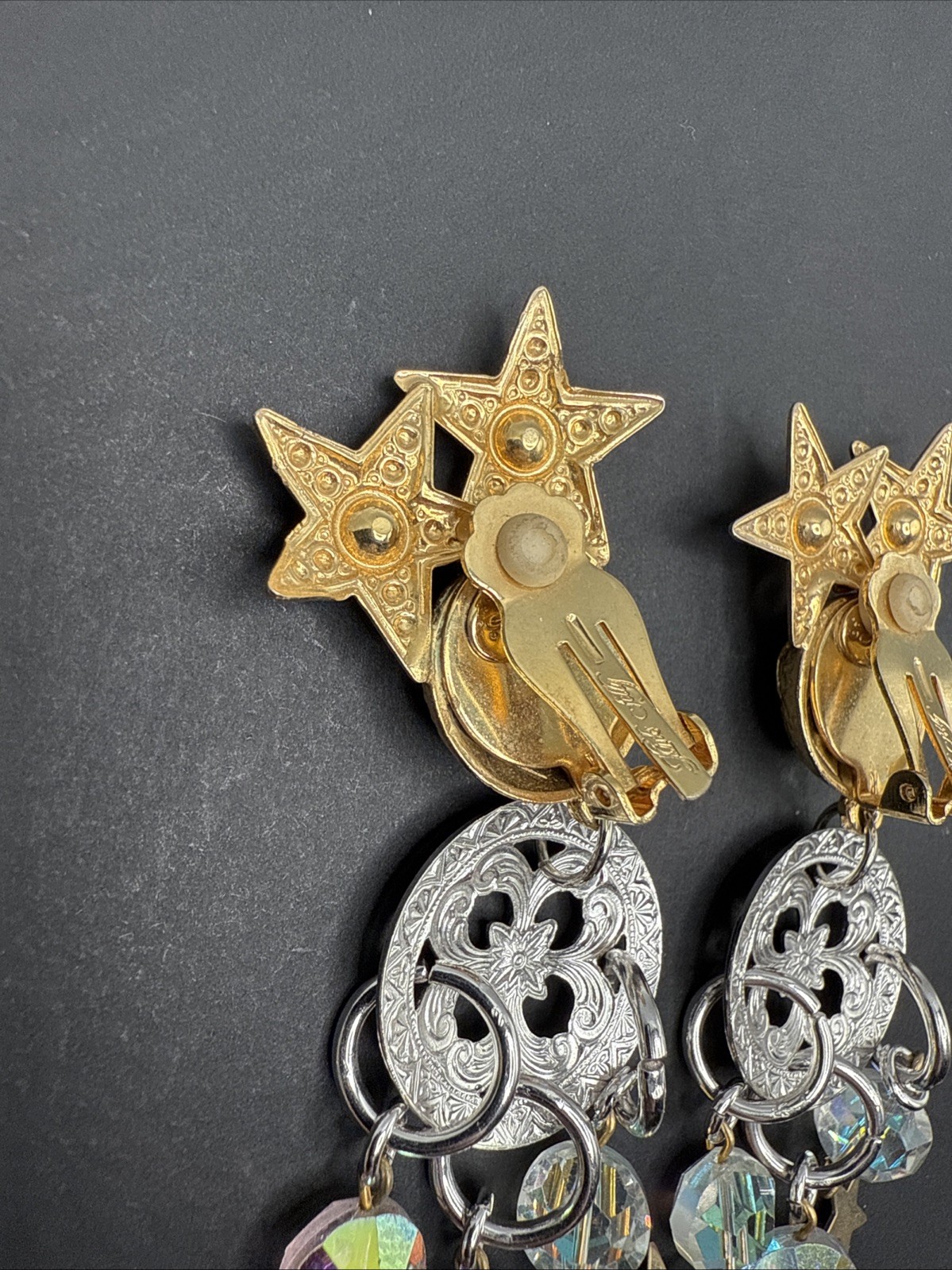 Kirks Folly Signed Silver Gold Tone Dangle Stars Moon Crystal Earrings C81