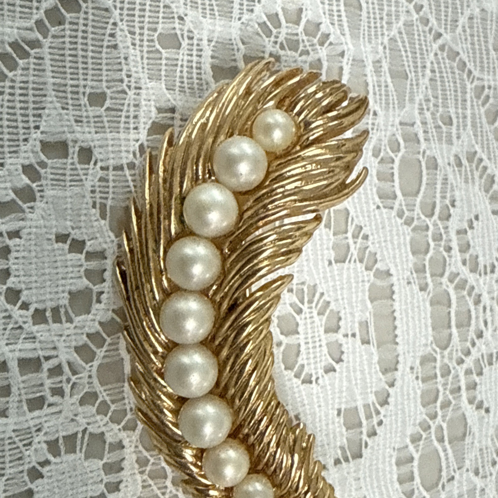 Crown Trifari Gold Tone Faux Pearl Brooch Signed