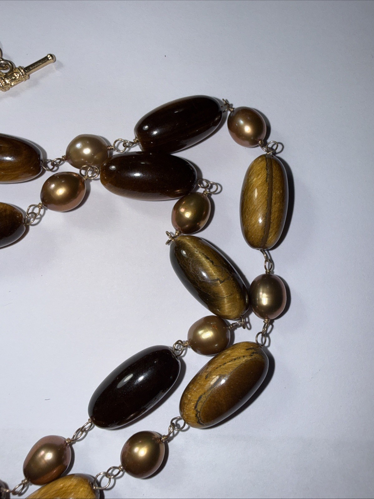Necklace 2 Strand Tiger’s Eye Cultured Pearl Vermeil Toggle Clasp Vintage Unused