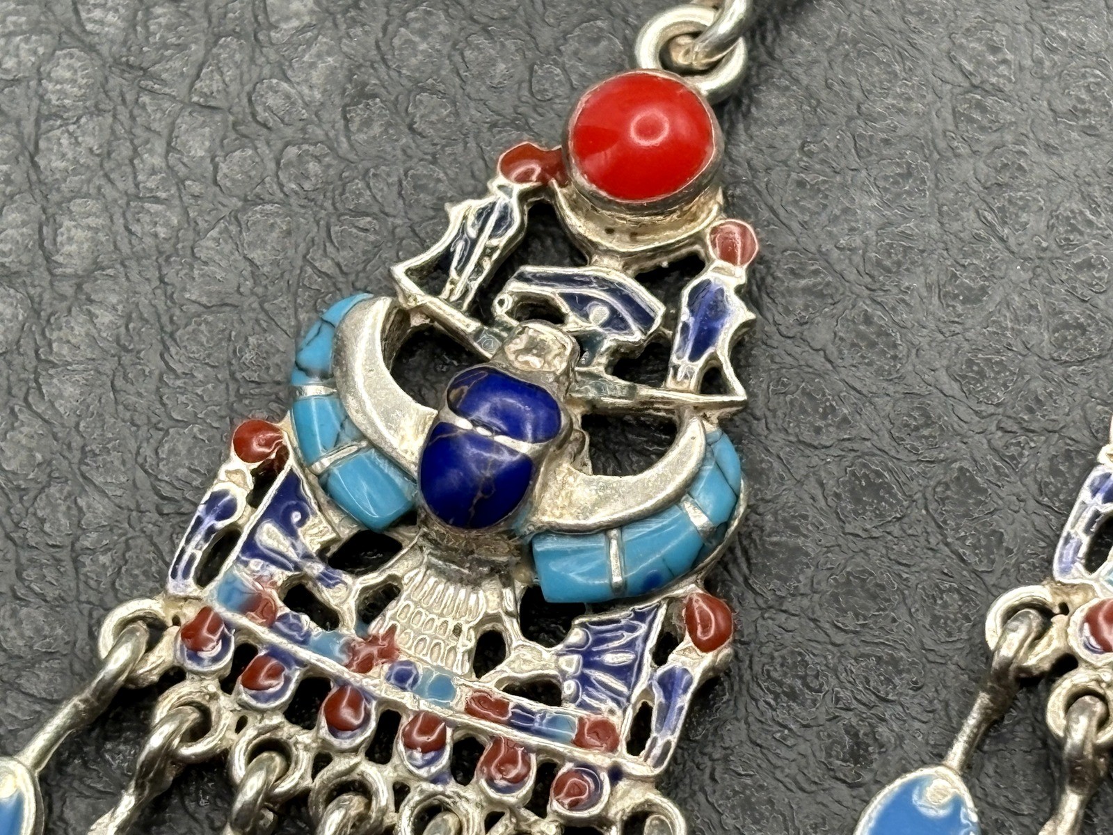 Sterling Silver Egyptian Revival Enamel Chandelier Earrings Scarab Hieroglyph