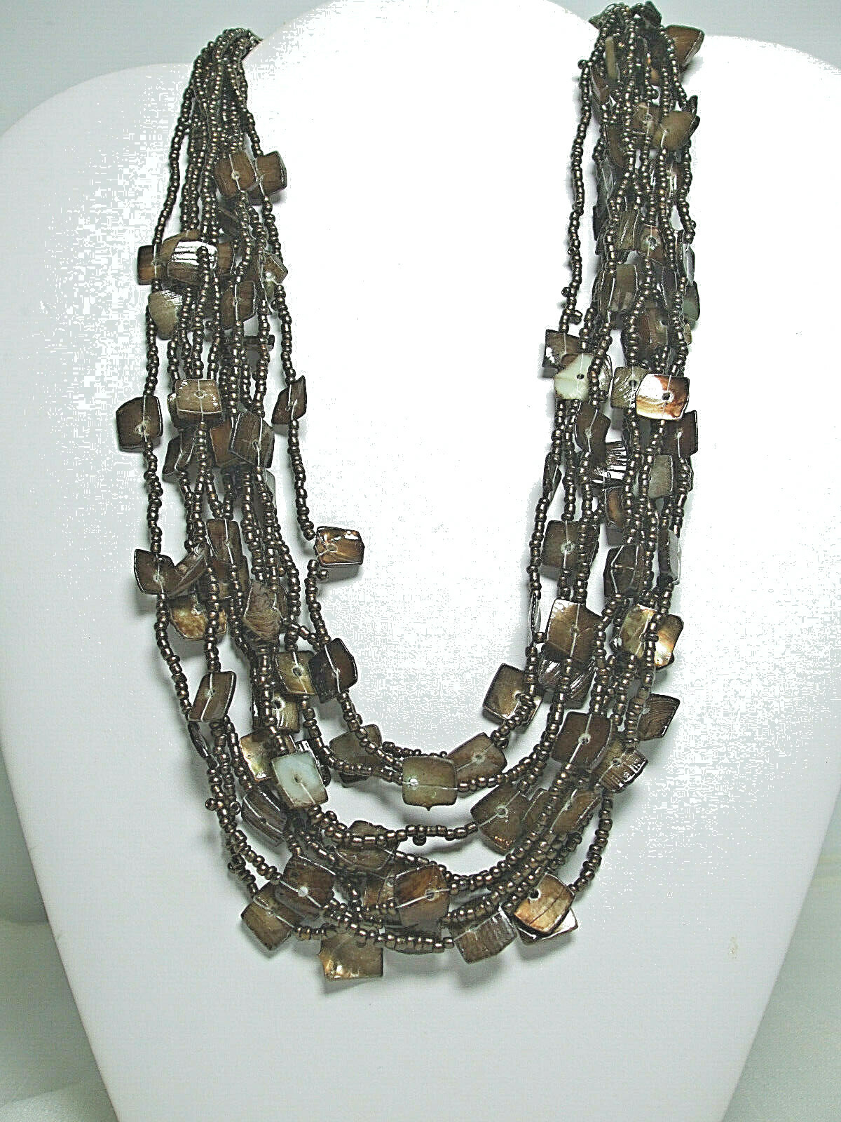 Vintage Necklace Small Bronze Color Multi Strand Beads with Square Spacers 17″