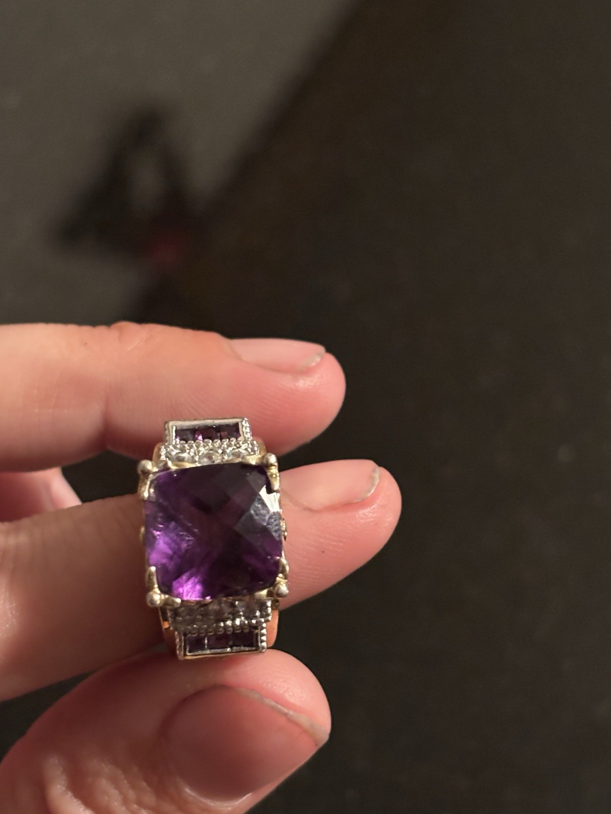 Vintage Chunky Square Two-tone 925 Sterling Silver Amethyst Cocktail Ring sz 6.5
