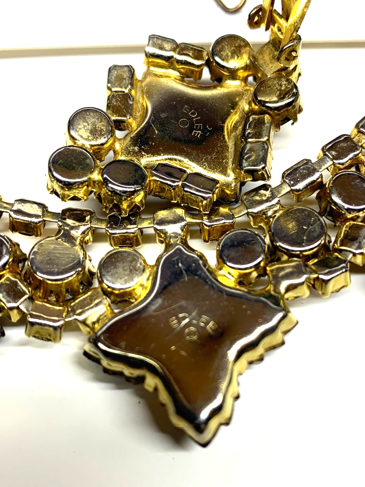 Signed Vintage Antique EDLEE DEMI PARURE brown floral Molded Glass Rhinestones