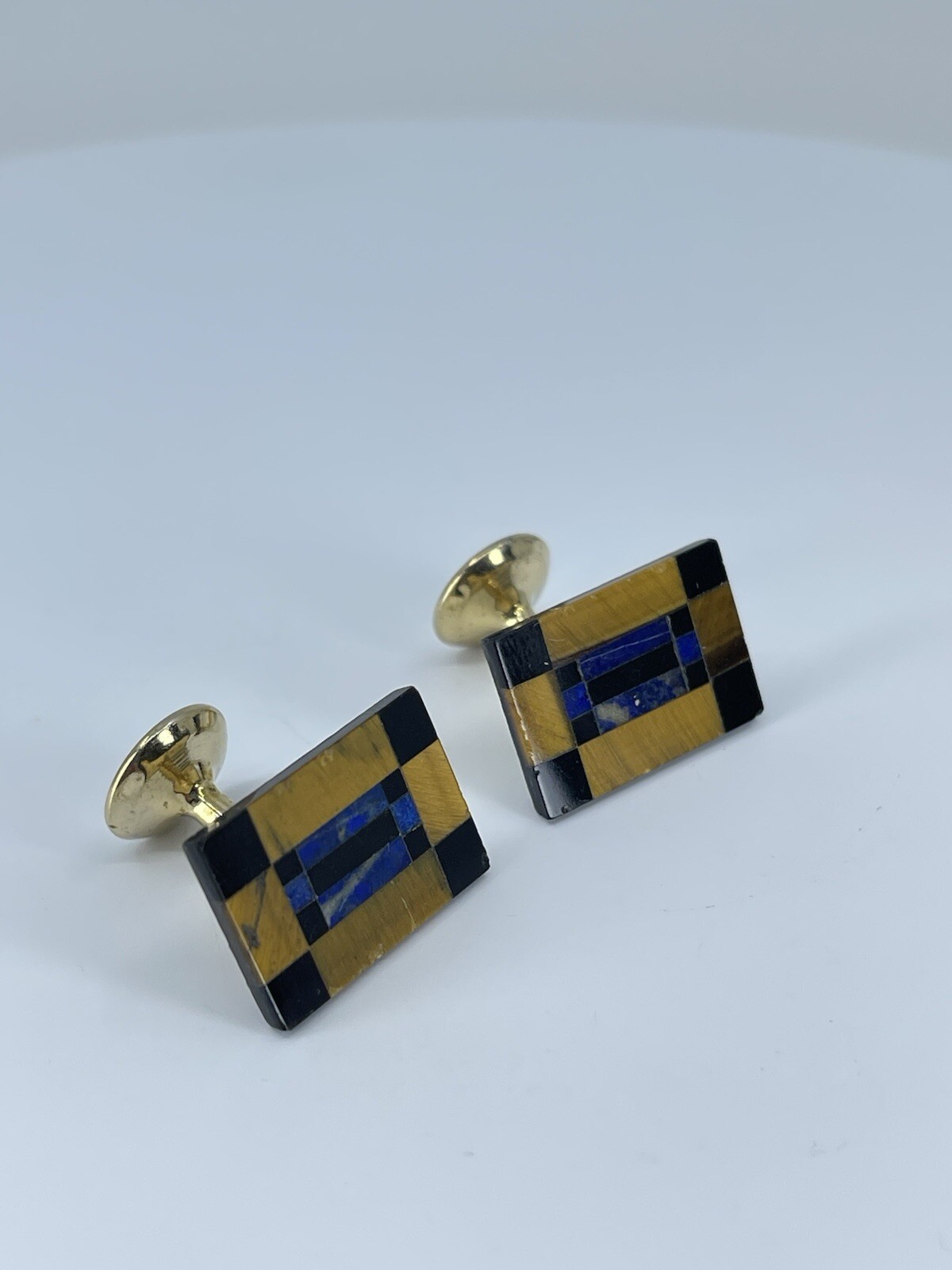 Vintage Onyx Lapis Tigers eye rectangle cufflinks polished gold tone fixed backs
