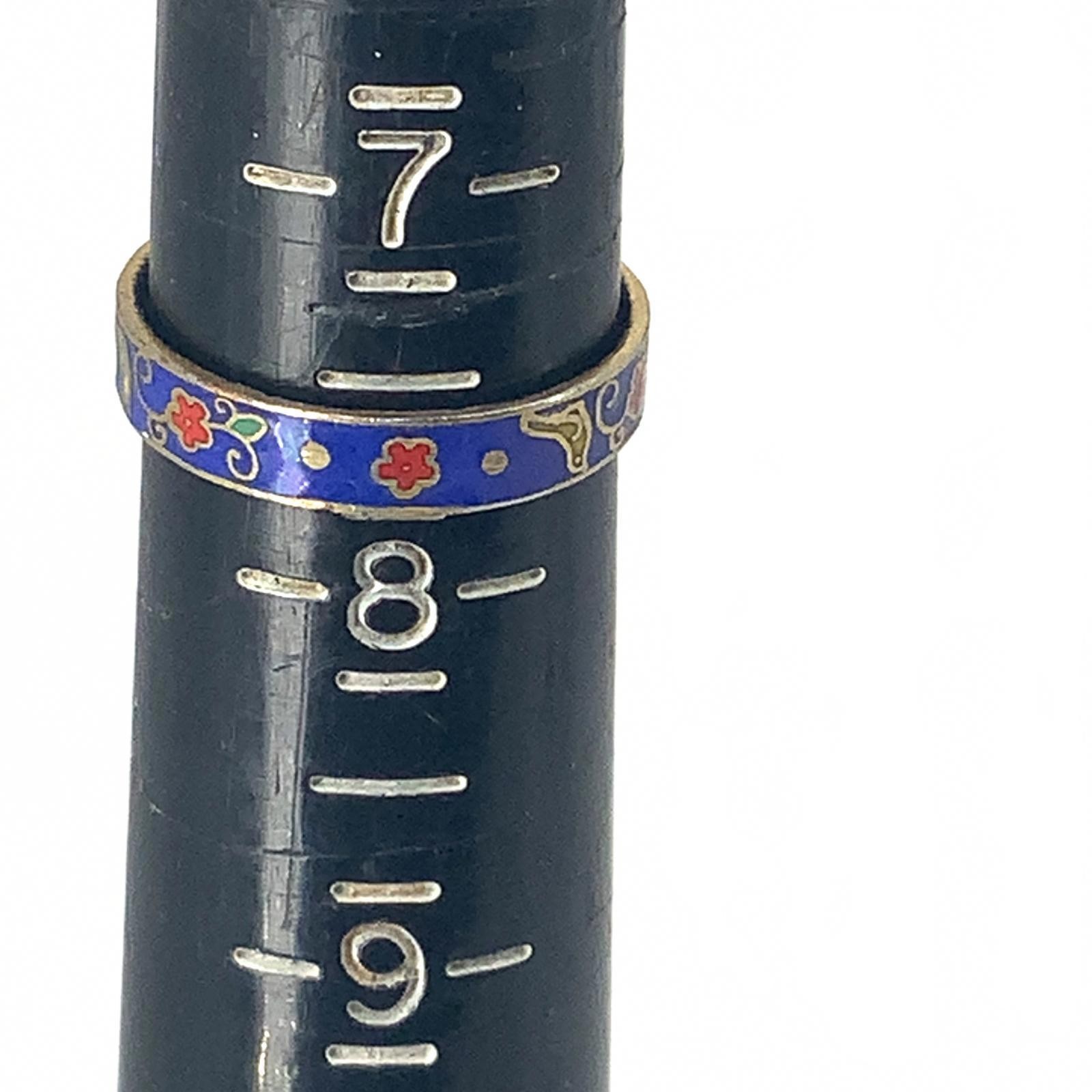 Vintage Cloisonne Enamel Boho Floral Band Ring Blue Gold Tone Size 7.5 Stackable