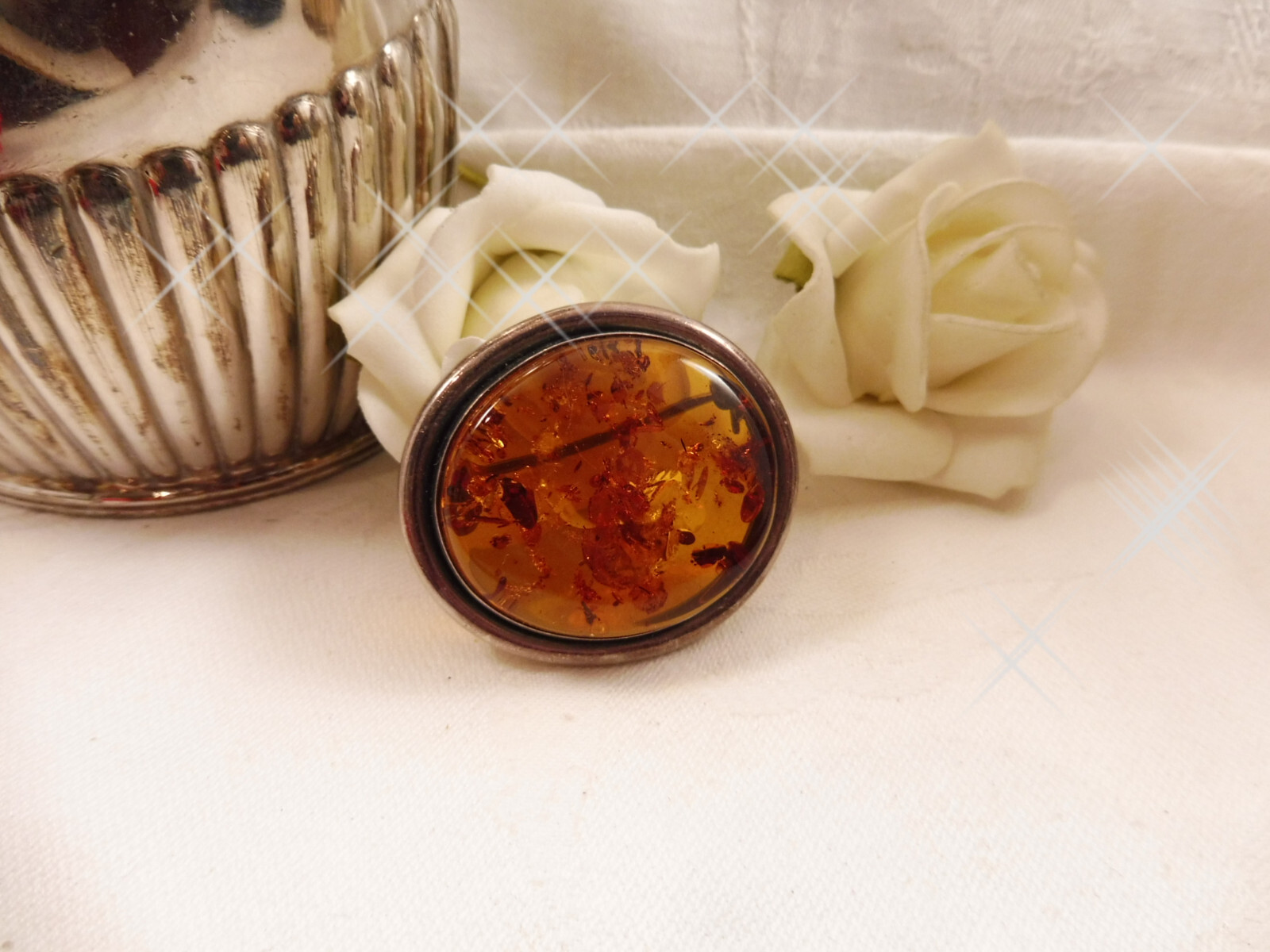 Large Vintage 925 Sterling Silver Baltic Amber Brooch 4cms Statement Brooch