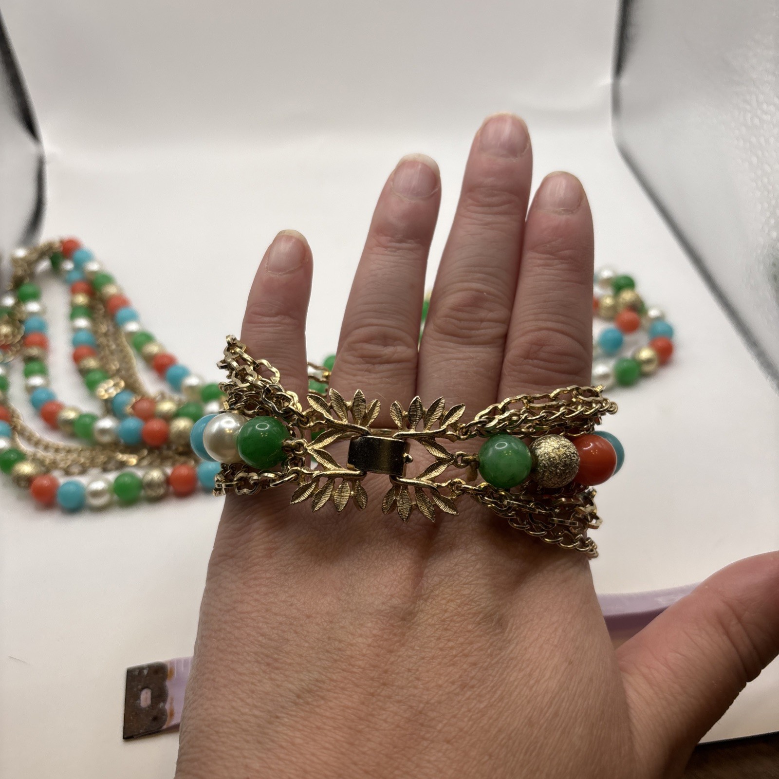 Vintage Gold Toned Multi Strand Necklace, Earring, Bracelet Set Multicolored