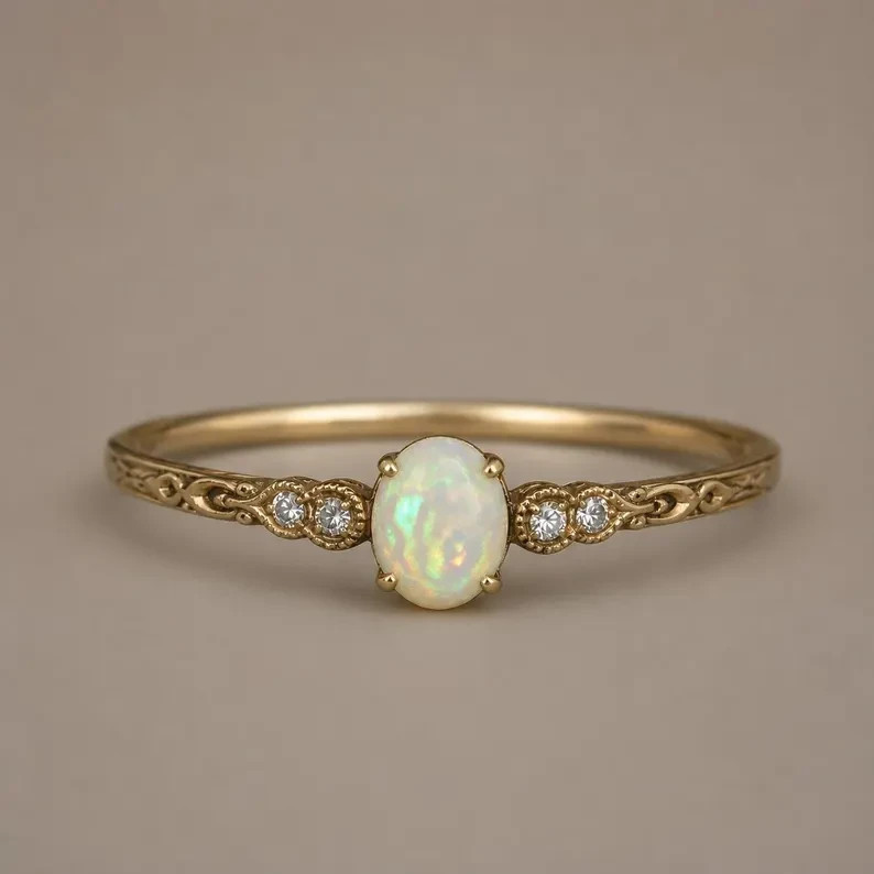 Natural Ethiopian Opal Ring Vintage Dainty Ring 925 Sterling Silver Gift