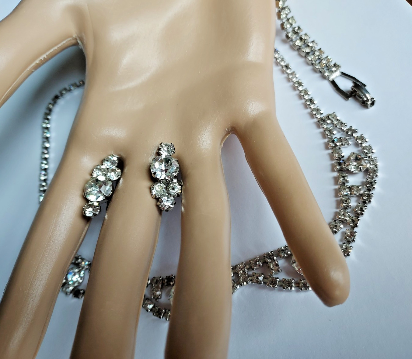 Rhinestone Parure 3 Piece Crystal Clear Bracelet Earrings Necklace Vintage Set