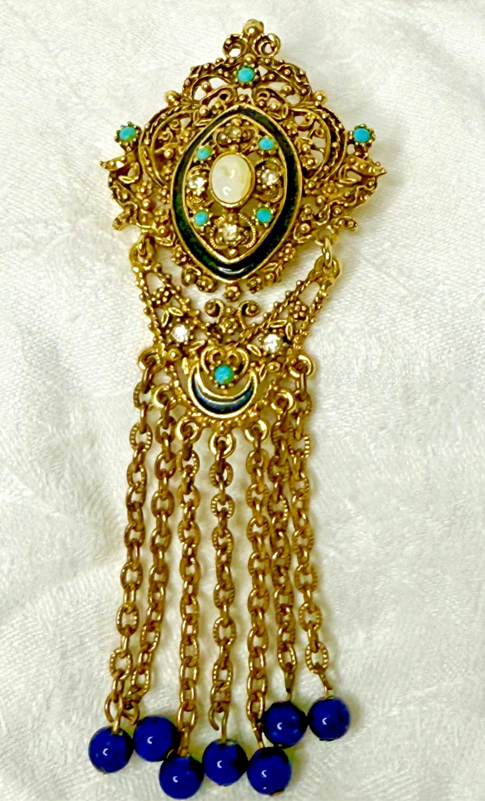 Vintage Florenza Filigree Brooch • Gold-Tone Fringe • Turquoise/Opalette