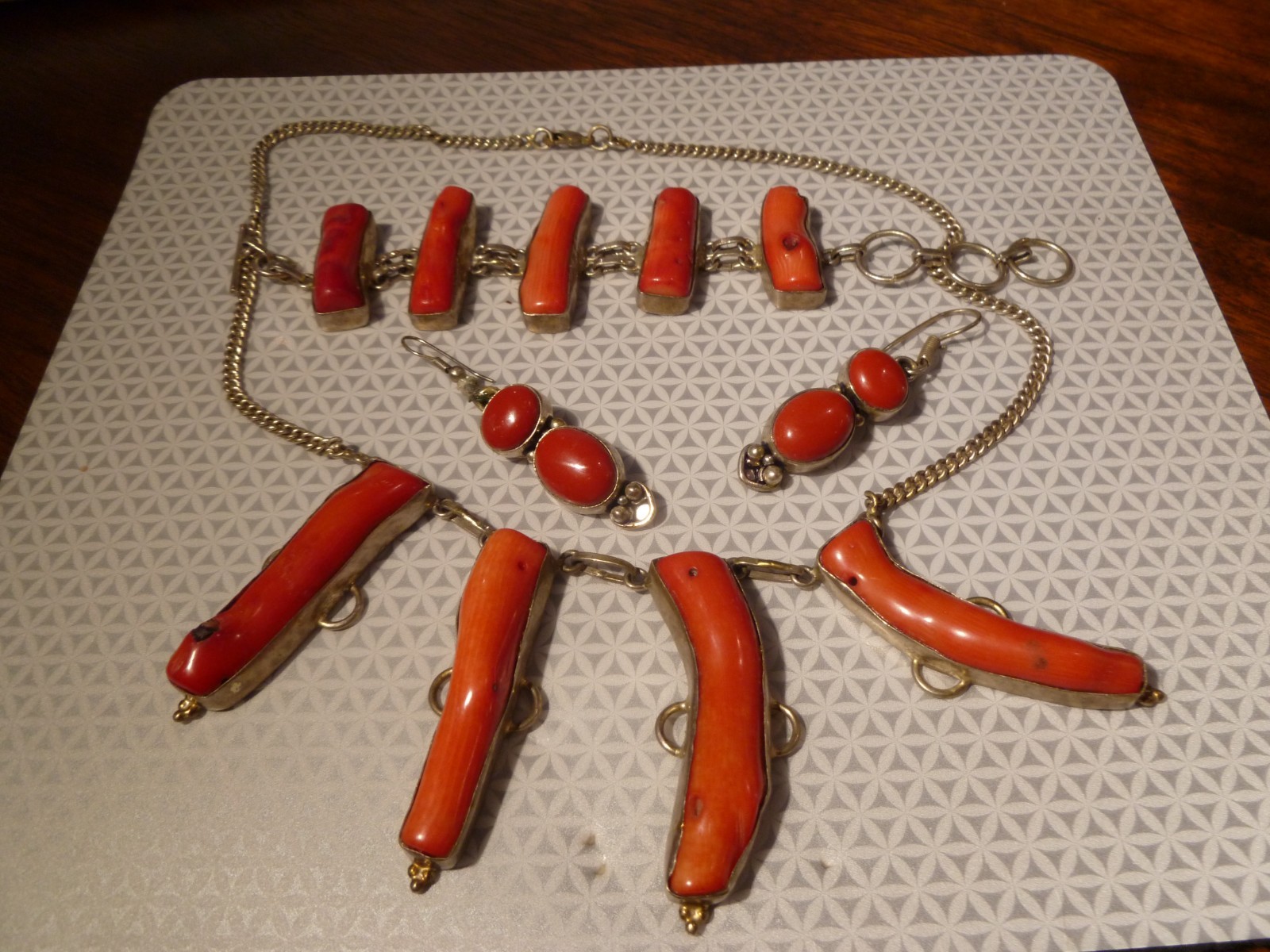 Contemporary Branch Raw Coral Necklace Bracelet Earrings Set On Sterling Silver