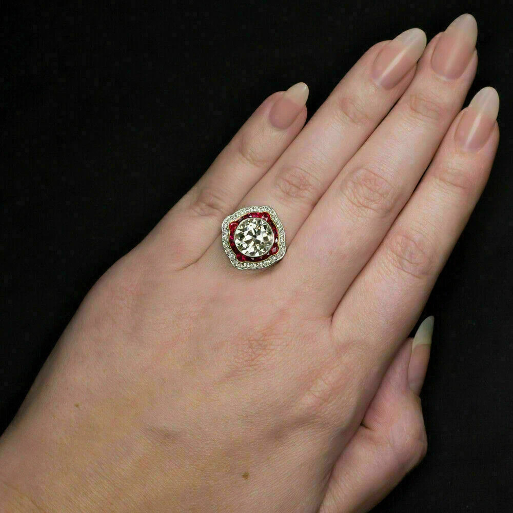 Art Deco Lab-Created Diamond & Ruby Halo Engagement 14K Two Tone Gold Over Ring