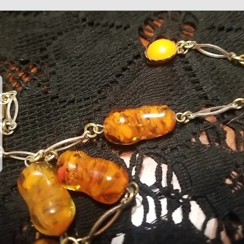 Venetian Antique Necklace, Italian Art Glass, 28″Sterling, Amber Colored, Signed