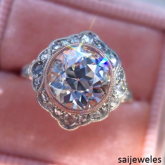 Vintage Art Deco 3CT Round Cut Diamond Antique Vintage 14K 2-Tone Gold Over Ring
