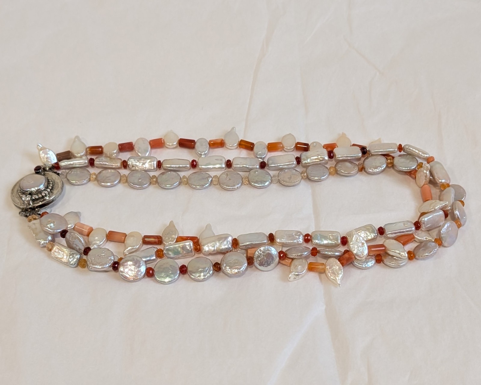Estate 3 Strand Baroque Pearl Coral Carnelian Necklace w/925 Silver Clasp 20 in.