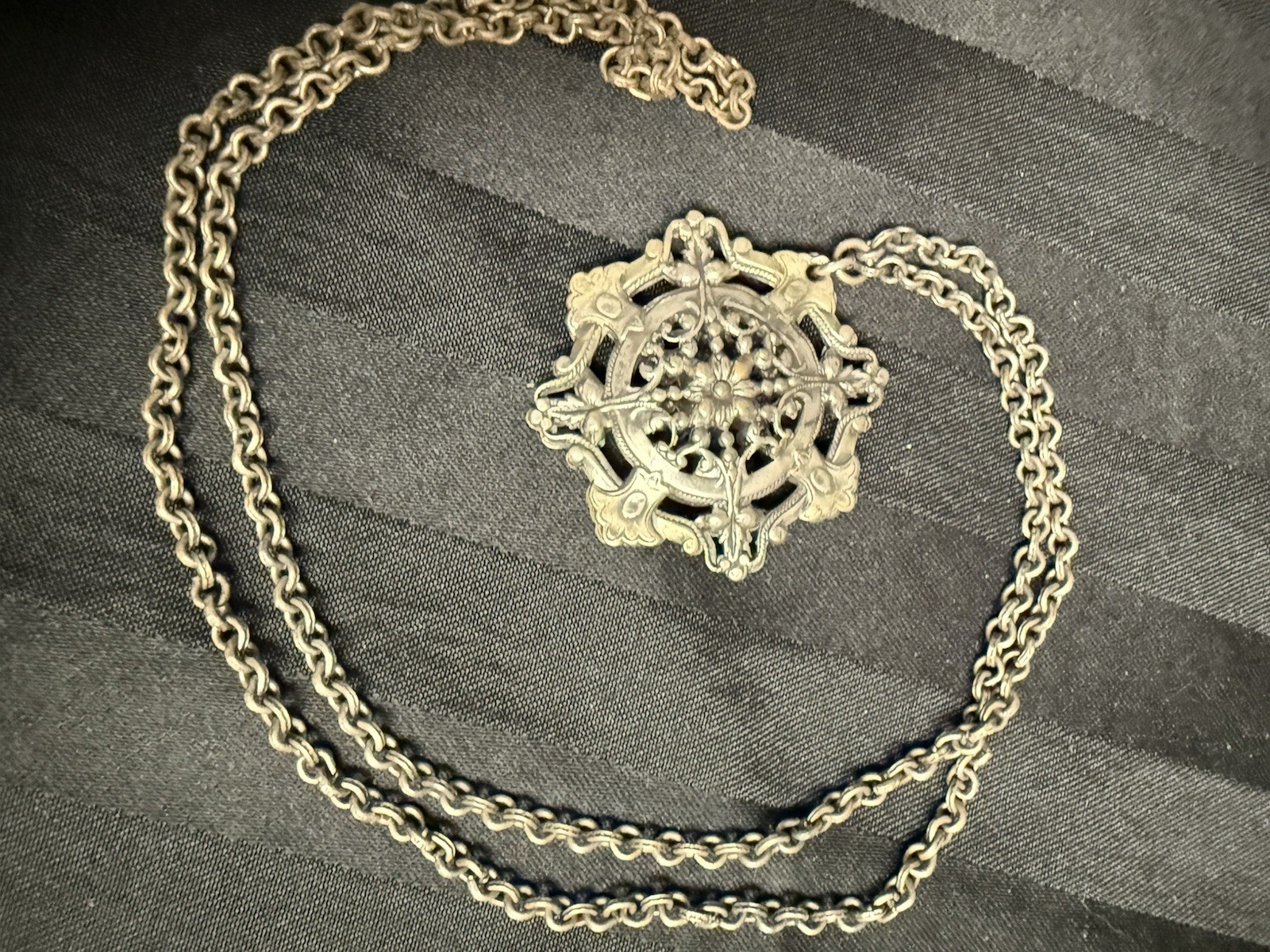 Vintage 24″ Two-Sided Antiqued Gothic Filigree Medallion Statement Necklace