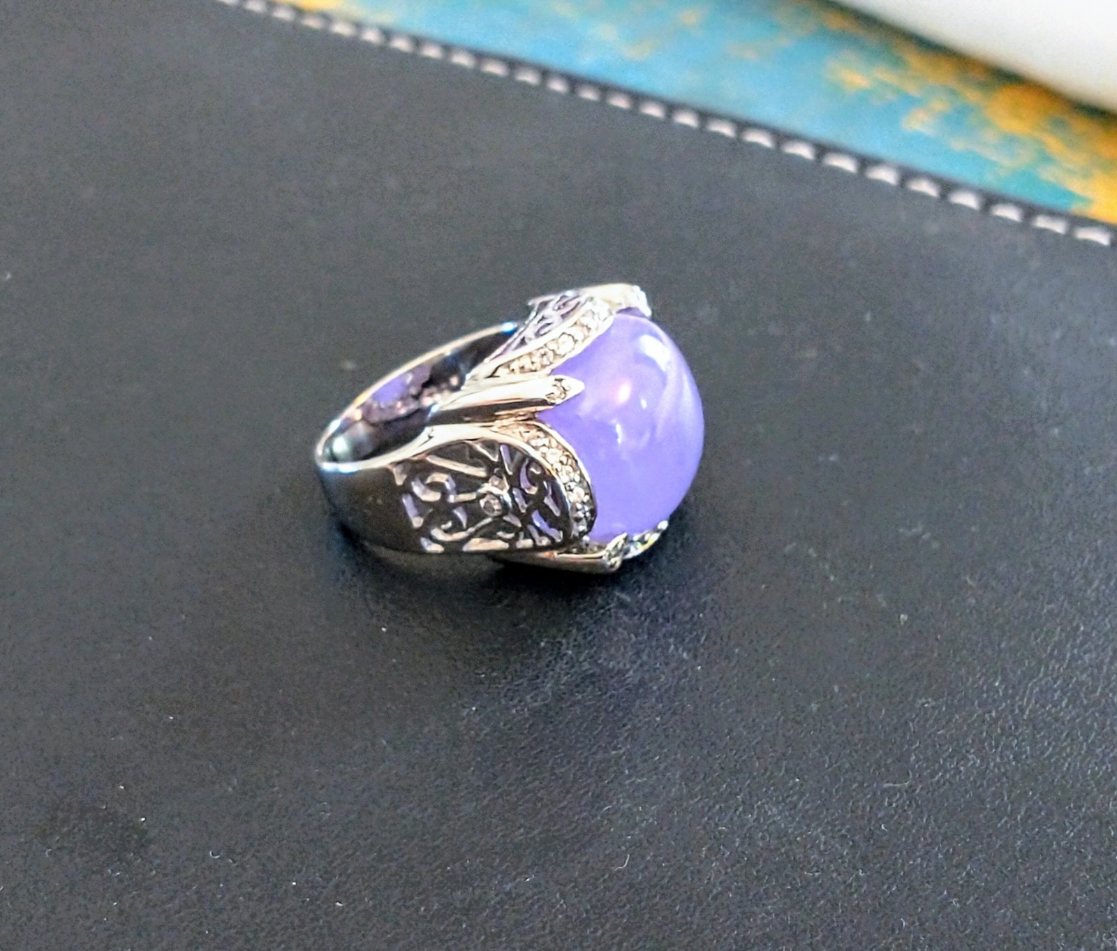 J Esposito Lavender Jade Ring 925 Sterling Silver CZ Accents Sz 8