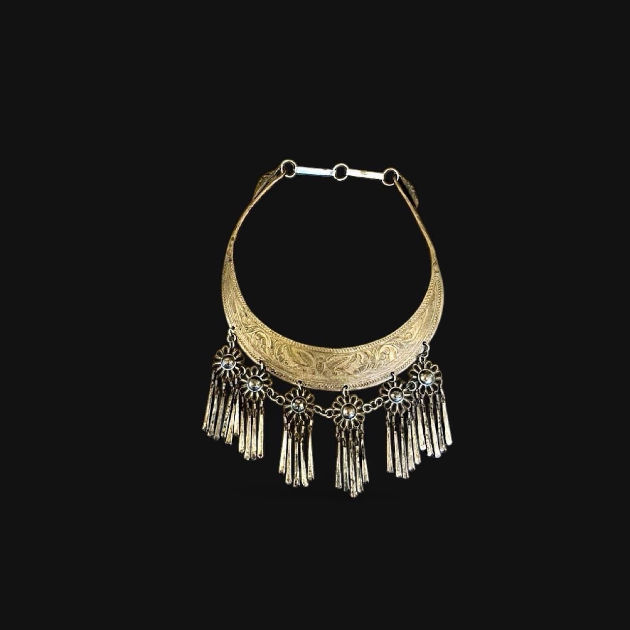Vintage Hmong Miao Tribal Torque Collar Silver Flower Fringe Bib Choker