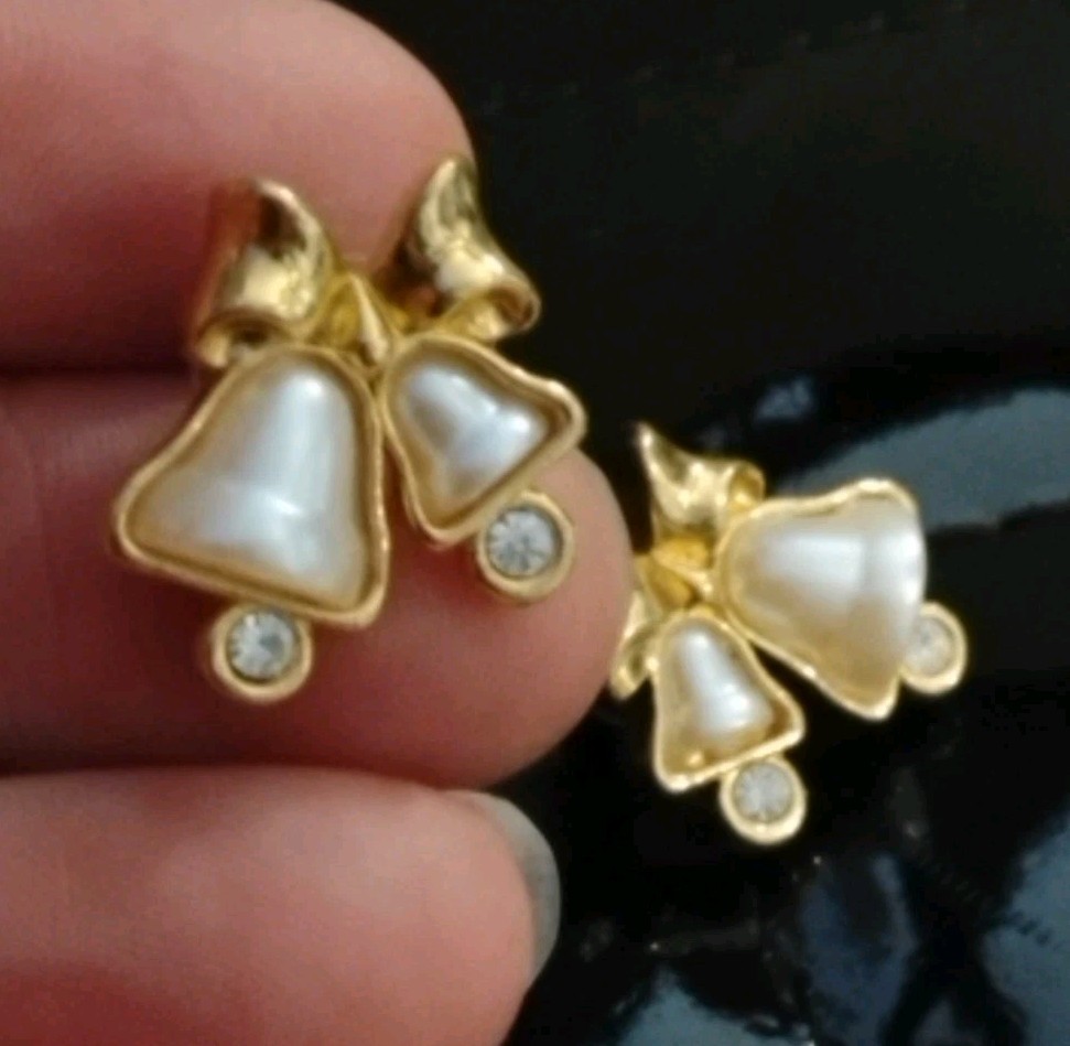 Vintage AVON Golden Bells w/Rhinestones, Bow, and Faux Pearly .75″ Earrings!