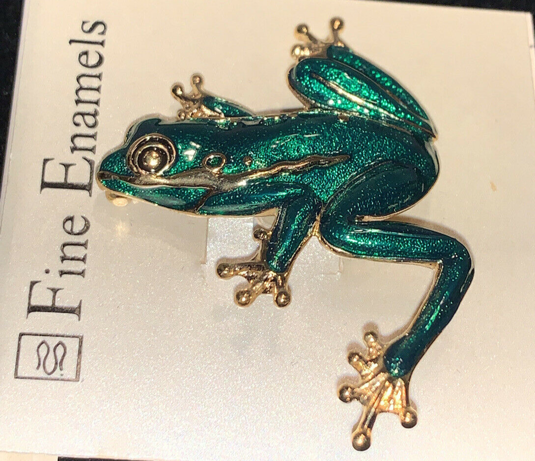 Gold Tone Emerald Green Enamel Frog Pin Fashion Brooch by Fine Enamels