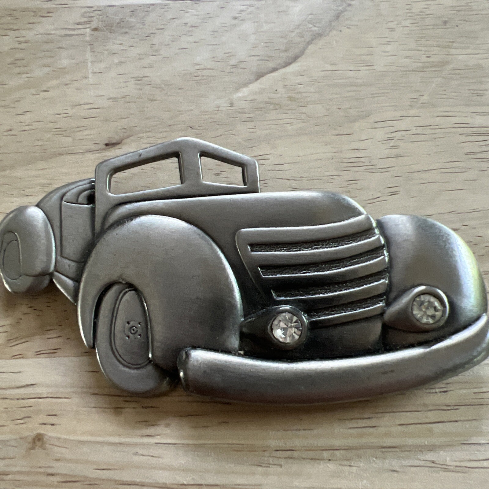 Vintage Convertible Car with Rhinestone Head Lights Silver Tone Metal Roadster
