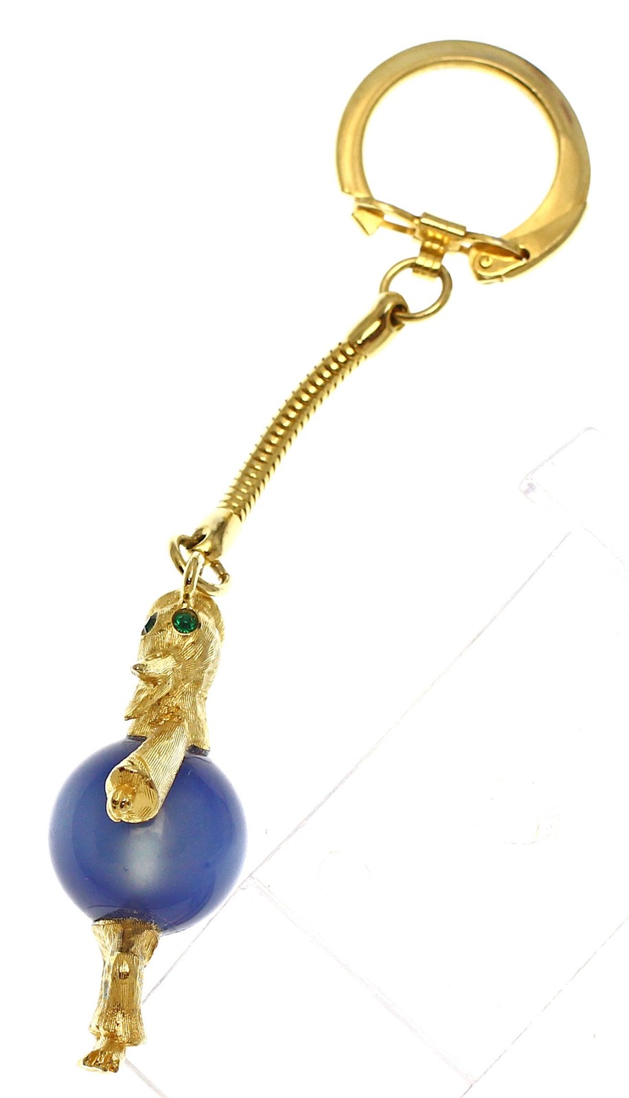 Vintage Edlee Keychain Gold Tone Rhinestone Duck Blue Moonglow Lucite Belly