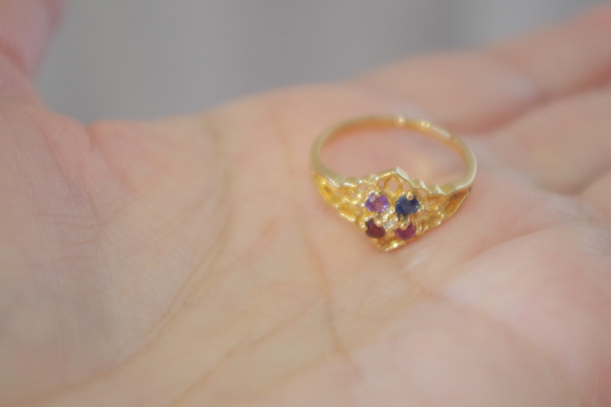Vintage sapphire, Ruby, Amethyst, Smokey Topaz 14k GF Cocktail Four Stone Band R