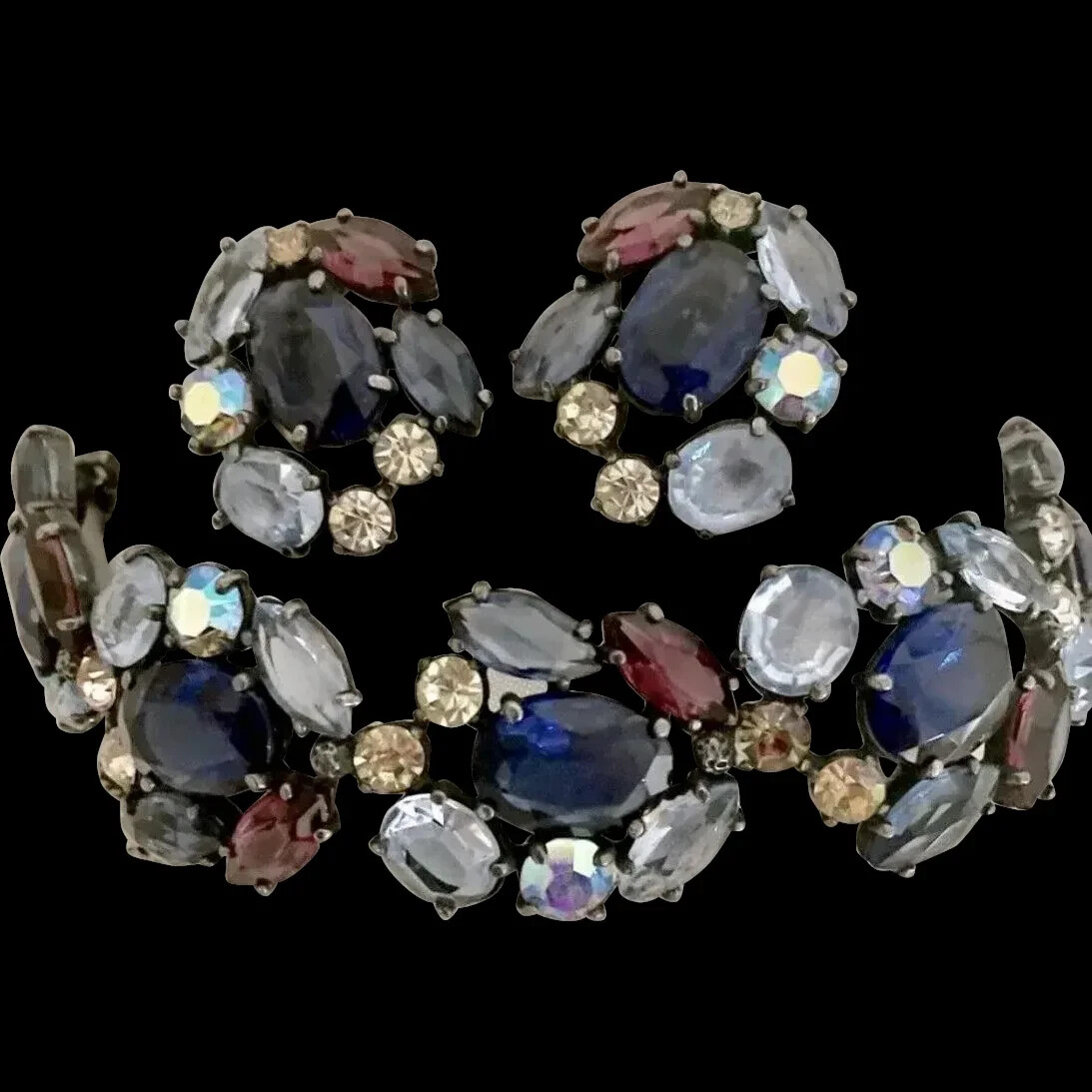 SCHIAPARELLI Sapphire Amethyst Aurora Borealis Crystals Bracelet & Clip Earrings