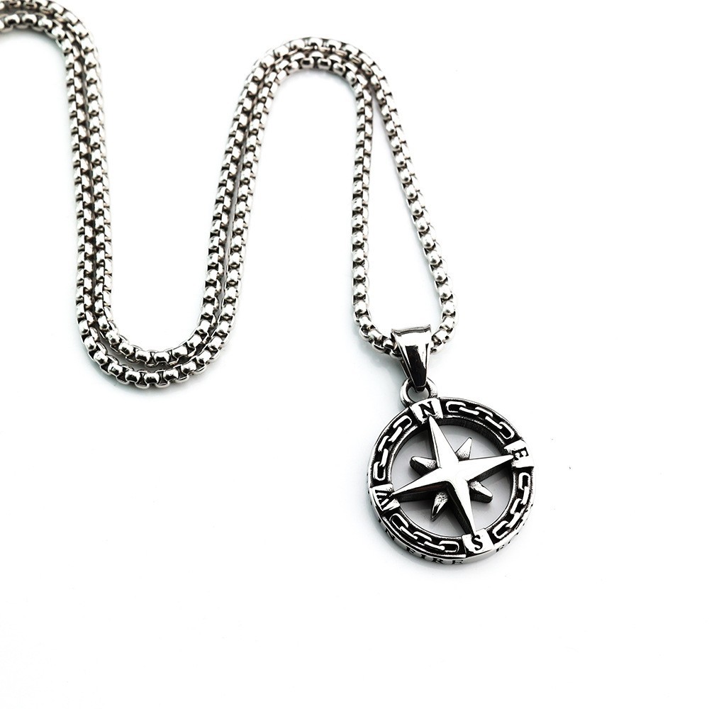Stainless steel men’s and women’s single-sided compass pendant necklace