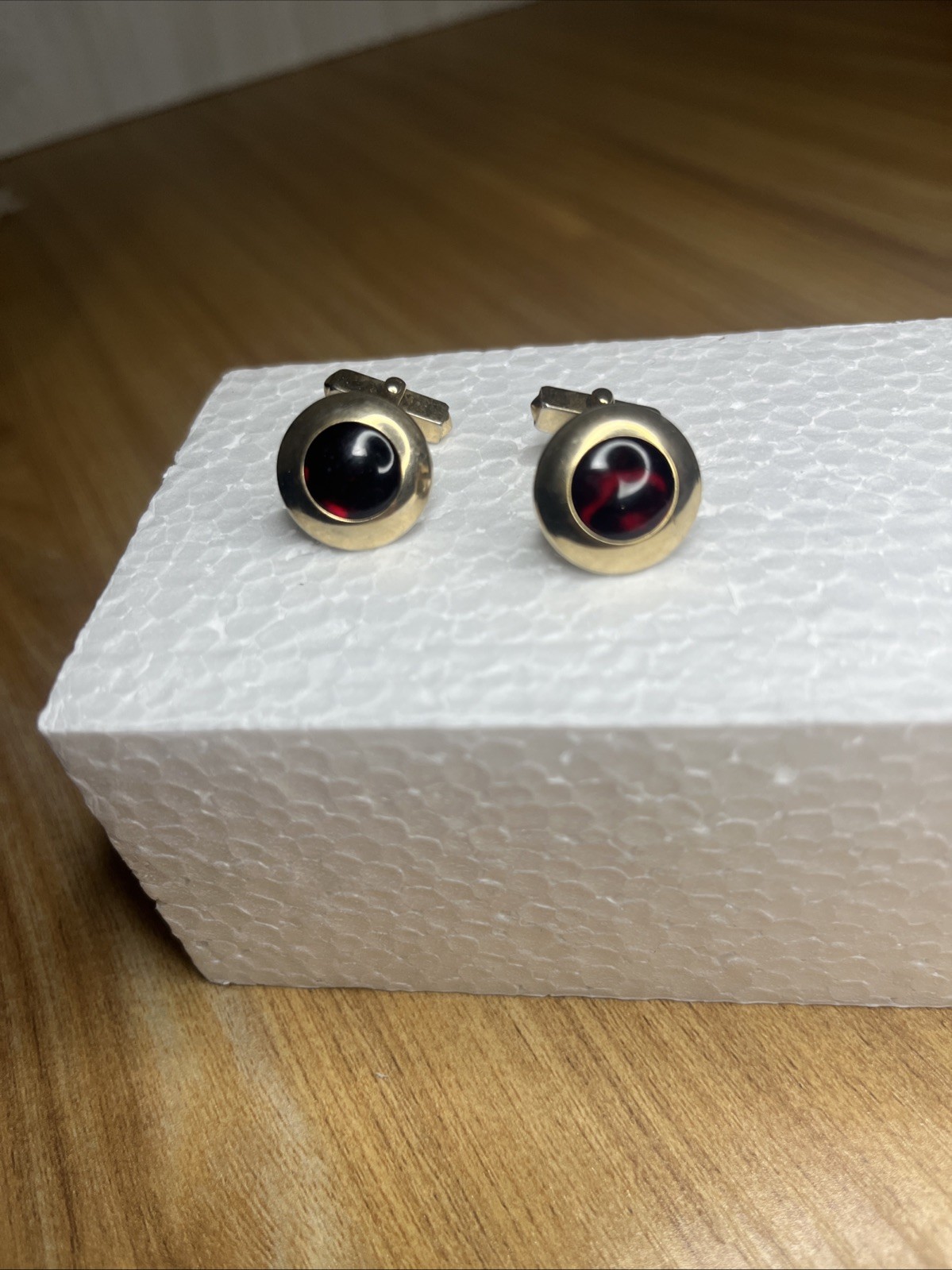 Vintage Swank Goldtone Cufflinks with Bezel Set Round Red Cabochon Stones