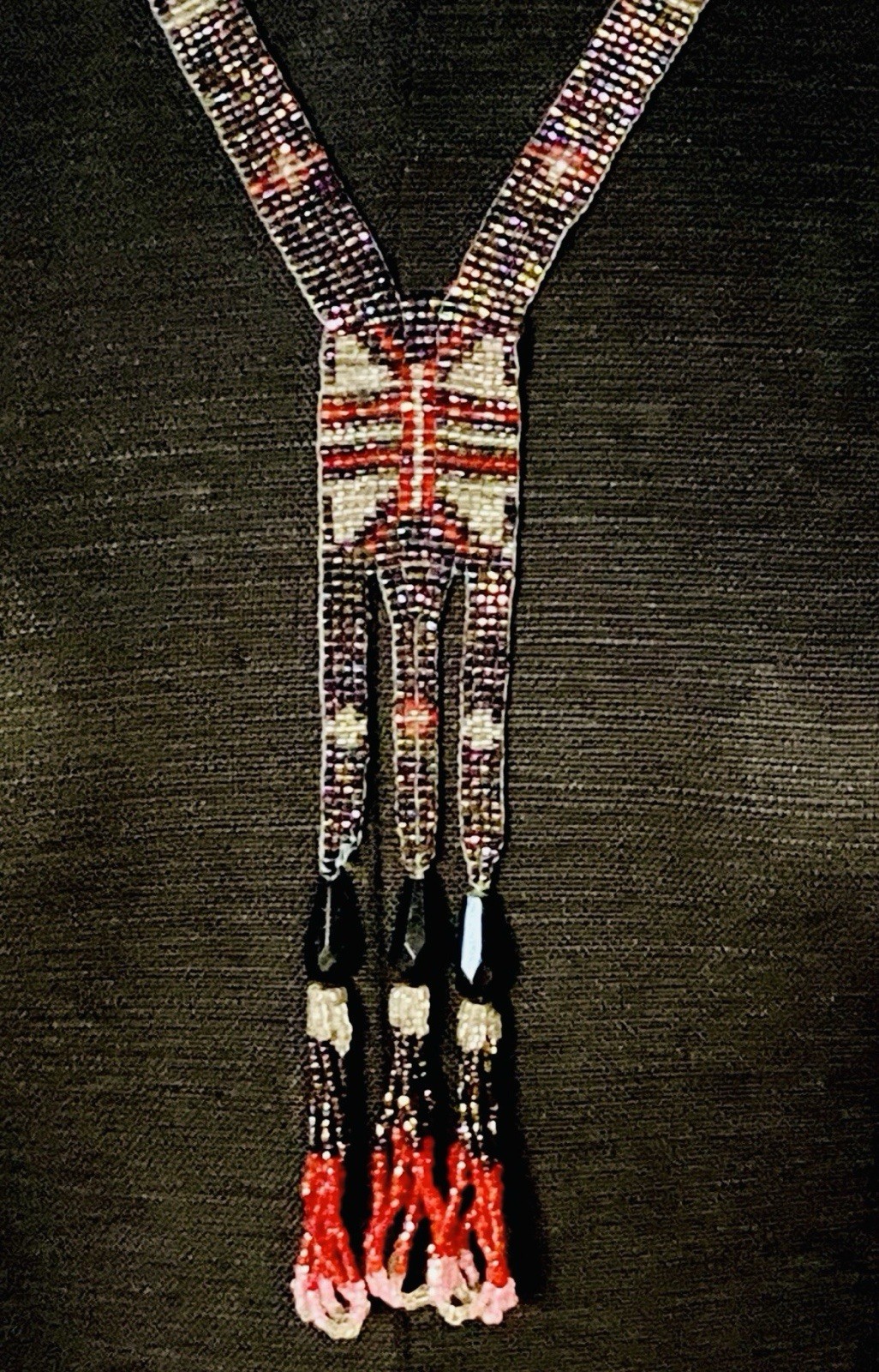 1920s Flapper Deco Sautoir Necklace, Very Good Antique Condition, Ecru/Blue/Pink