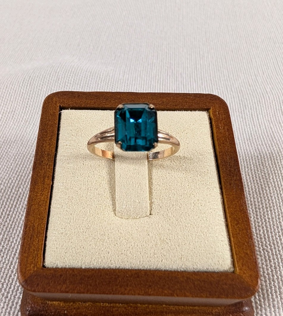 Vintage Teal Emerald Cut Statement Ring Sz 7.5 Art Deco Style Rolled Gold Plated