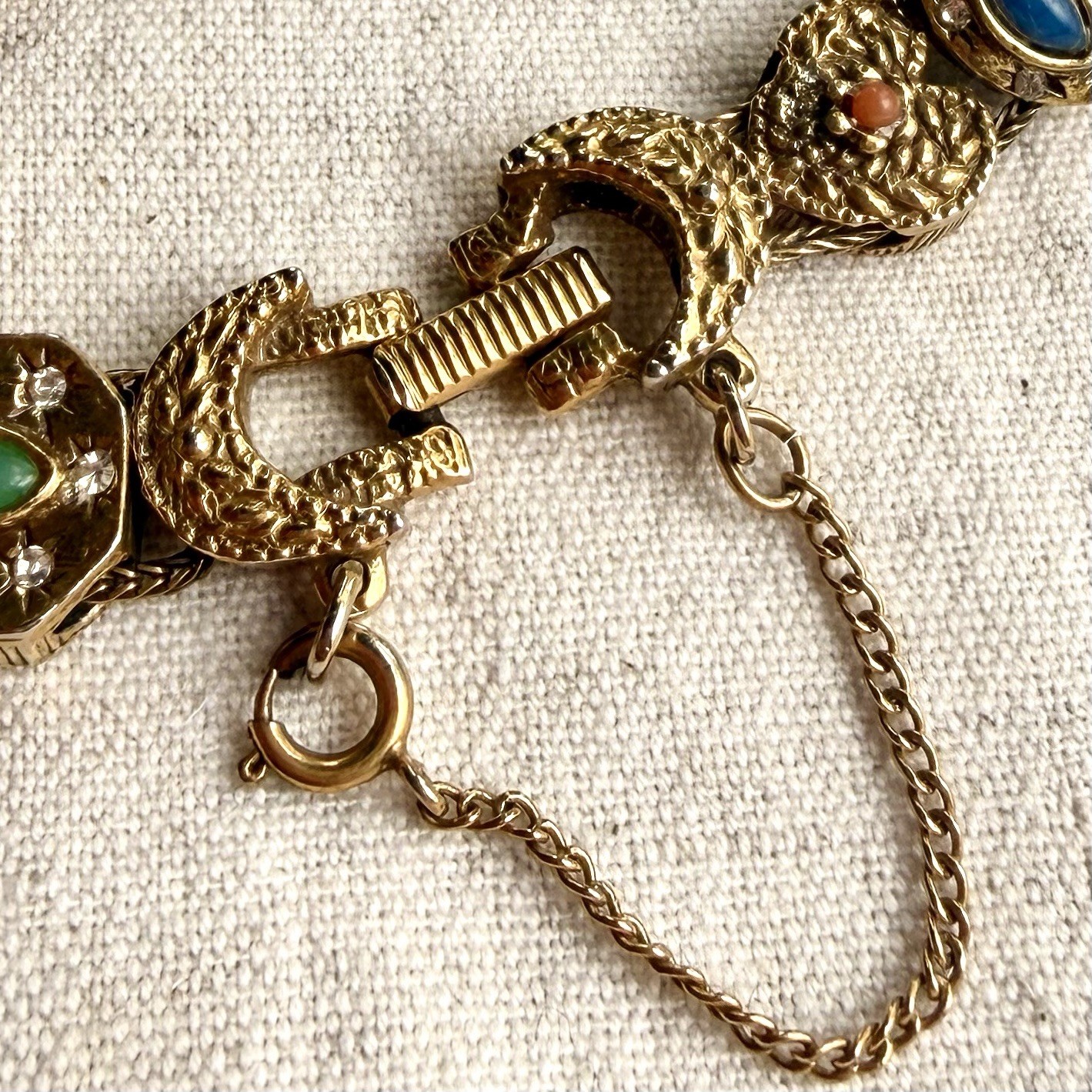 Vintage Goldette NY Victorian Revival Slide Charm Bracelet Safety Chain Signed