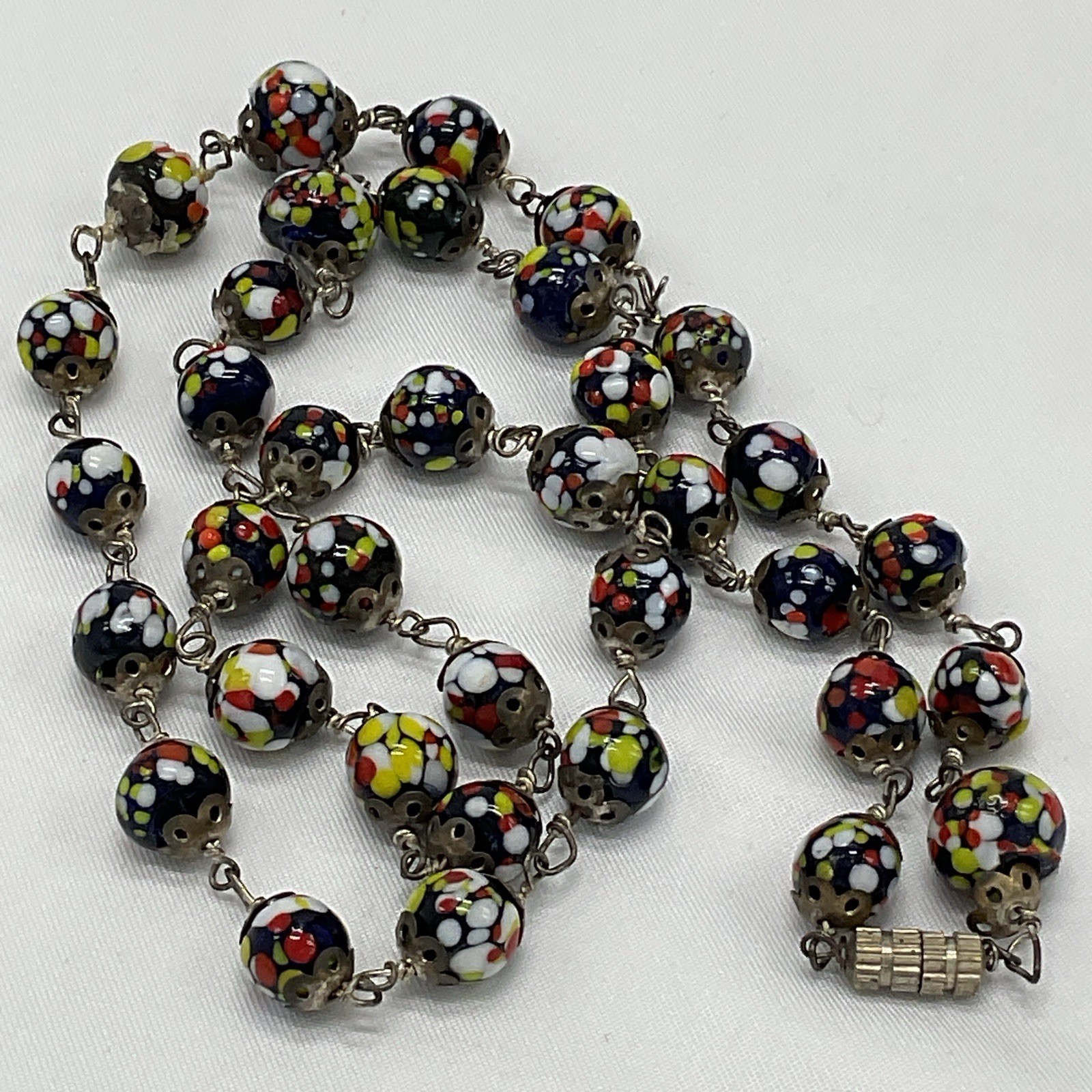 Vintage Millefiori Glass Bead Necklace Murano Style Wire Linked 22” Italy READ
