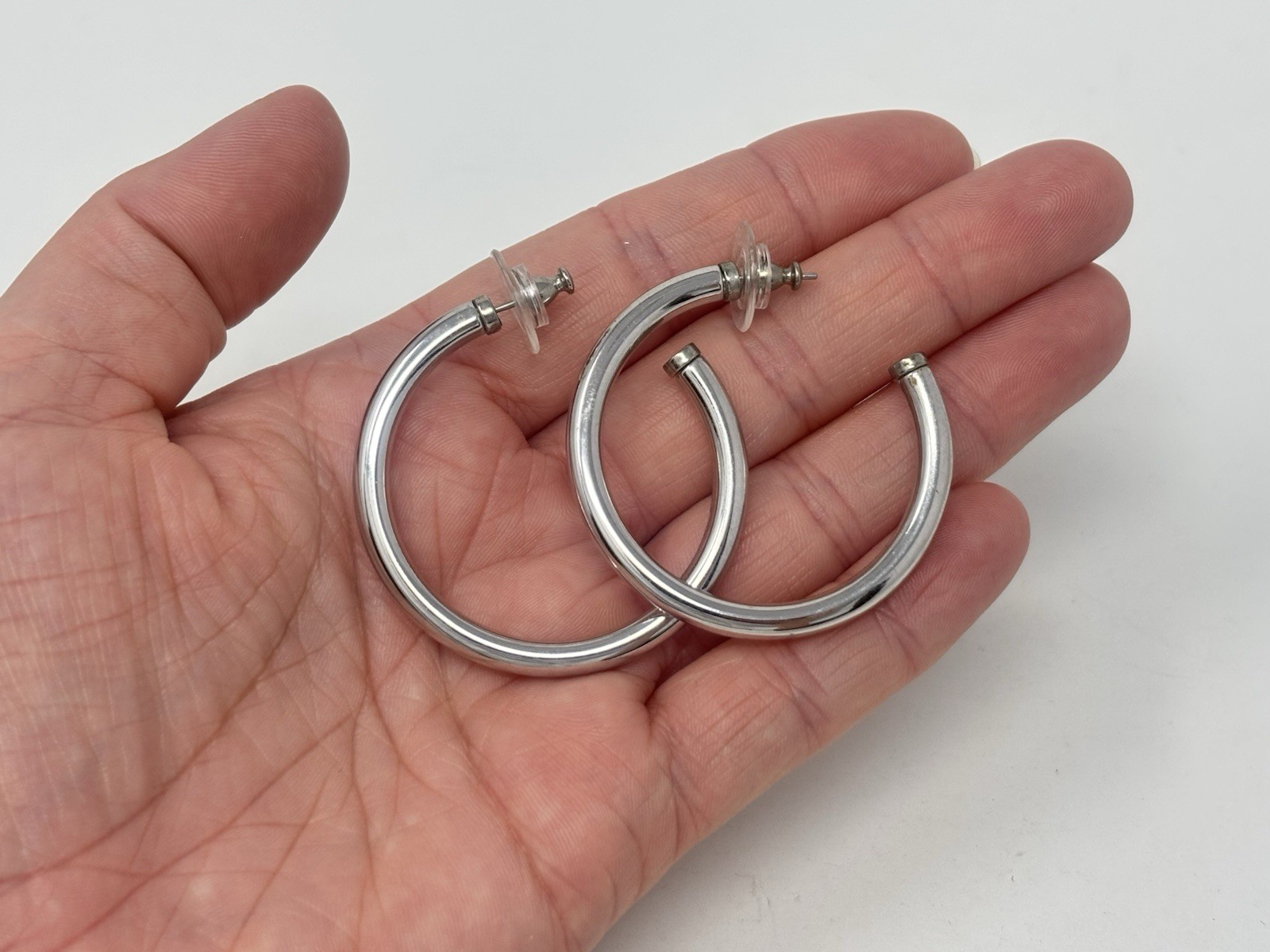 Vintage 90’s MONET Large Tube Hoop Earrings Silver Tone 4mm