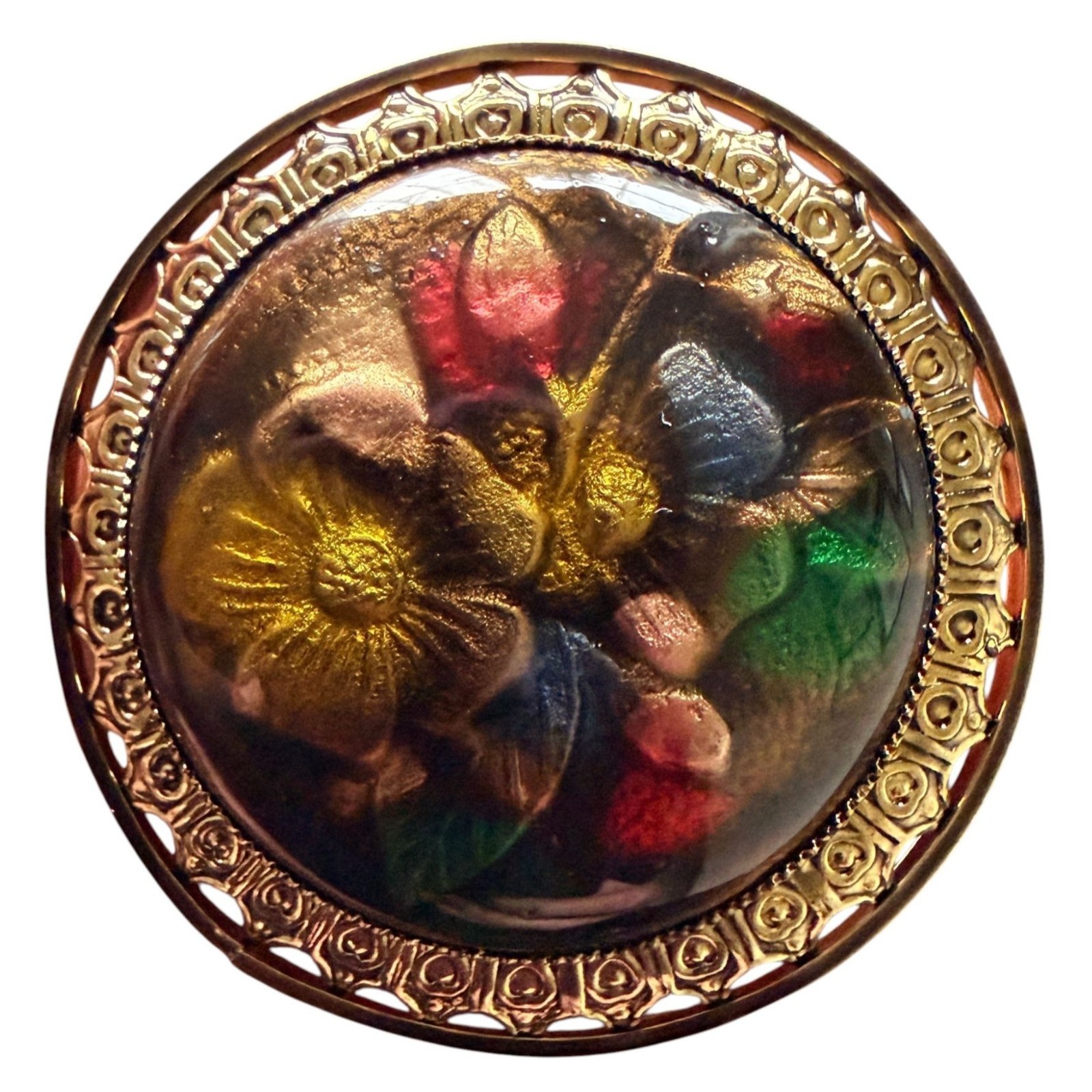 Vintage Reverse Carved Lucite Brooch Gold Tone Floral Pin 1950s New Old Stock