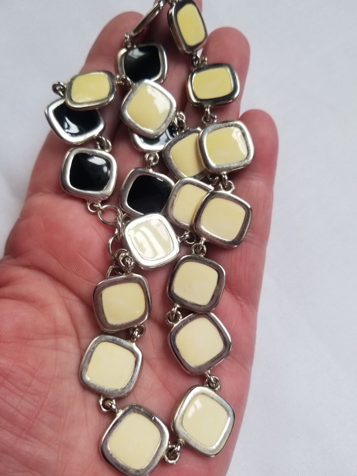 Vintage 1970s Black and Cream Enamel Geometric Necklace Reversible Silvertone