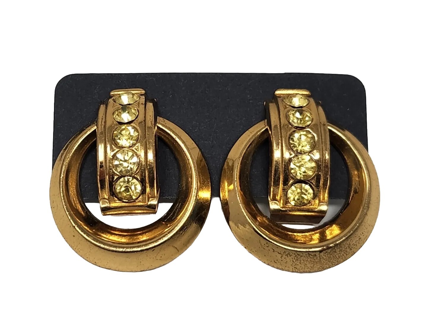 Signed CORO Gold Tone Yellow Rhinestone Screw-back Earrings Vintage Round Circle