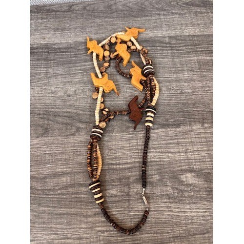 Vintage 70s Wooden Elephant Necklace Multi Strand Coconut Shell Bead Boho Brown