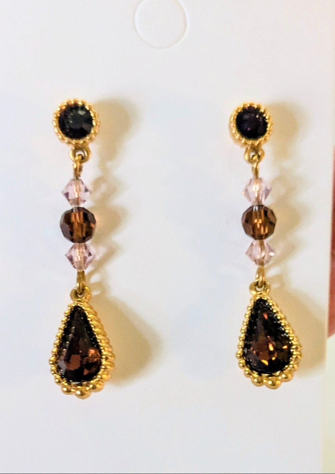 Vintage SWAROVSKI Swan Signed Brown Garnet Tone Crystal Dangle Drop Earrings 1.5